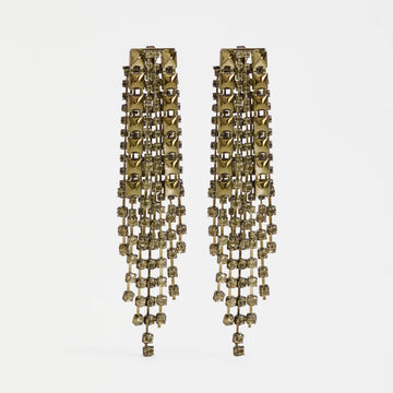 Pair of gold chandelier earrings on a light gray background.