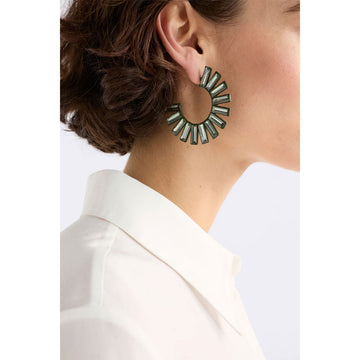 Pair of black and blue fan-shaped earrings on a white background.