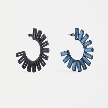 Pair of black and blue fan-shaped earrings on a white background.