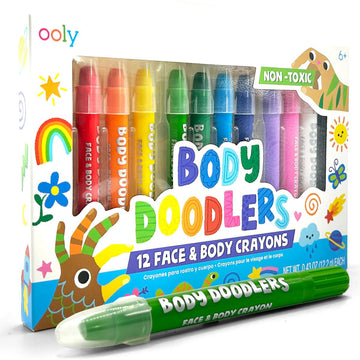 A packet of 12 different coloured crayons with the heading 'Body Doodlers' and illustrations of rainbows, butterflies and flowers.