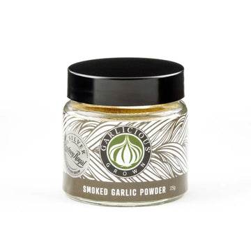 A clear jar with a wide product label with the title 'Smoked Garlic Powder'.