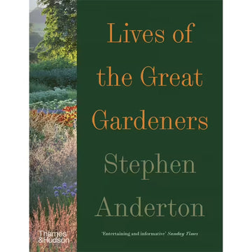 'Lives of the Great Gardeners' book cover featuring a dark green background with a short vertical photo of a garden on the left.
