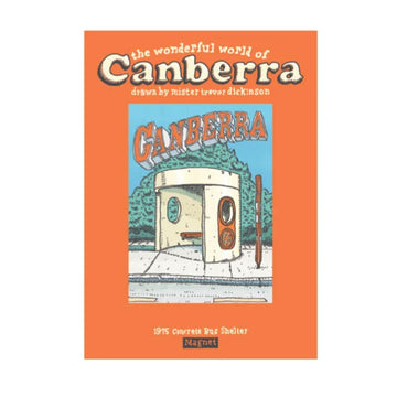 A magnet with an illustration of a Canberra bus shelter by Trevor Dickinson attached to an orange card with product information.