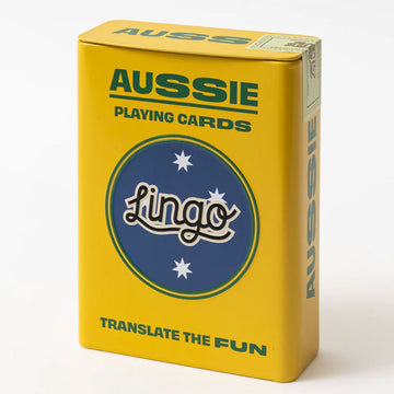A yellow tin titled 'Aussie Playing Cards' with a logo titled 'Lingo'.