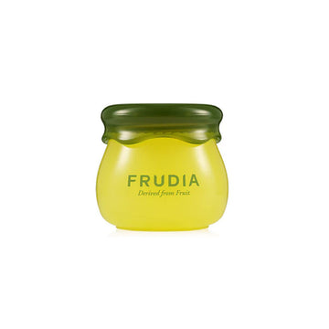 A small pot shaped like a honey pot in green and yellow with the text 'Frudia Delivered from Fruit'.