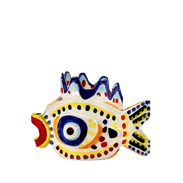 Colourful fish-shaped ceramic vase on a white background.