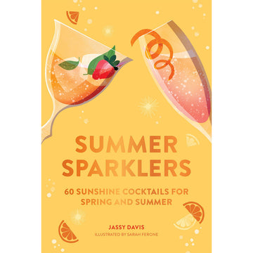 'Summer Sparklers' book cover featuring an illustration of two glasses filled with drinks and fruits on an orange background.