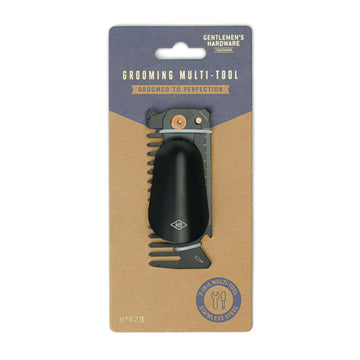 A multi tool with a shoe horn and comb attached to a brown card.