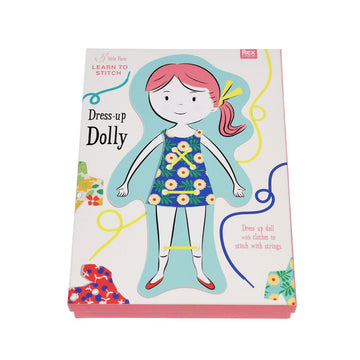 An image of a dolly with a blue floral dress and yellow blue and green string.