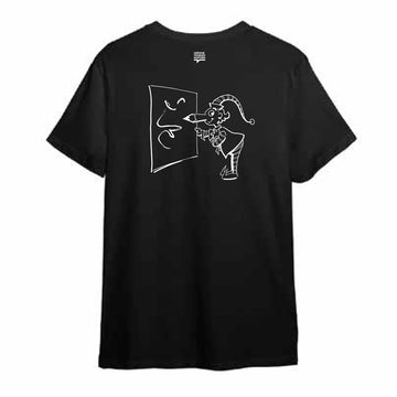 Front view of a black tshirt with the text 'It's upside down Miss Jane' written in the bottom corner.