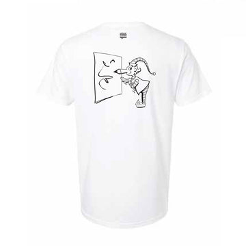 Front view of a white tshirt with the text 'It's upside down Miss Jane' written in black in the bottom corner.