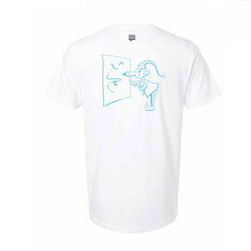 Front view of a white tshirt with the text 'It's upside down Miss Jane' written in the bottom corner in blue.