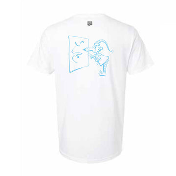 Front view of a white tshirt with the text 'It's Upside Down Miss Jane' written in blue.