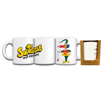 Three coffee mugs showing differnet angles with 'Mr Squiggle and Friends' design and a box of a coffee mug on a white background.