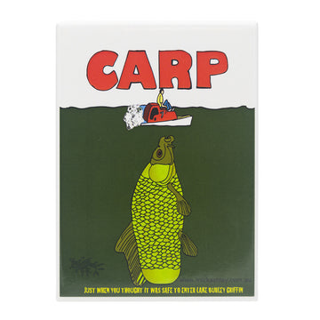 A rectangle magnet featuring an illustration of a person on a boat with a large carp under the water.