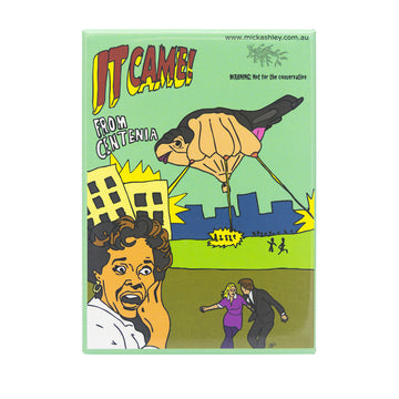 A rectangle magnet featuring an illustration of a woman screaming with the SkyWhale balloon the background shooting lasers.