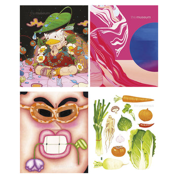 Collage of four illustrated images featuring a character, abstract design, face with sunglasses, and vegetables.