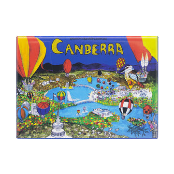 A rectangle magnet featuring artwork of Canberra with hot air balloons as seen from the sky.