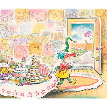 Illustration of Mr Squiggle in a colorful room with a  table of cakes and open door.