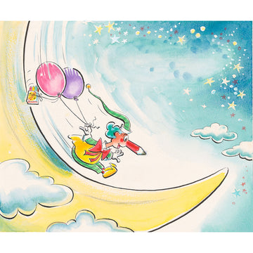 Colourful illustration of Mr Squiggle  with balloons flying over a moon and clouds.