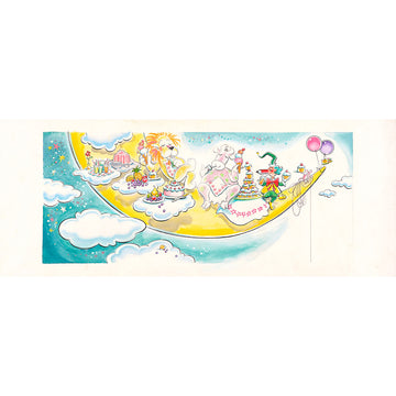 Cartoon scene with Mr Squiggle and animals on a crescent moon surrounded by clouds, balloons and cakes.
