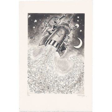 Black and white illustration of Mr Squiggle on a rocket ship in space with stars and a moon.