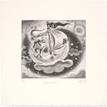 Black and white illustration of Mr Squiggle on a ship on a cloud with stars and moons in the background.