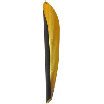 A tall open tube with a black outside and yellow inside designed to hold fruit.