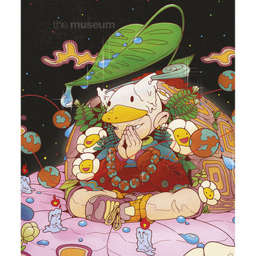 Collage of four illustrated images featuring a character, abstract design, face with sunglasses, and vegetables.