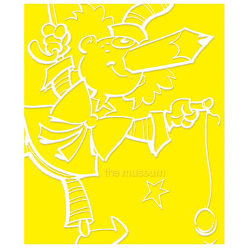 Front cover of the 'the museum' magazine with a white line drawing of Mr Squiggle on a yellow background.