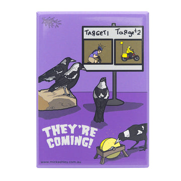 A rectangle magnet featuring an illustration of magpies preparing to attack with images of a bike rider and postie as their targets.