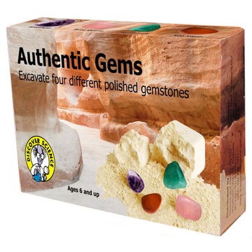 Authentic Gems box featuring a photo of a cave with a close up on top of gem stones and sand.