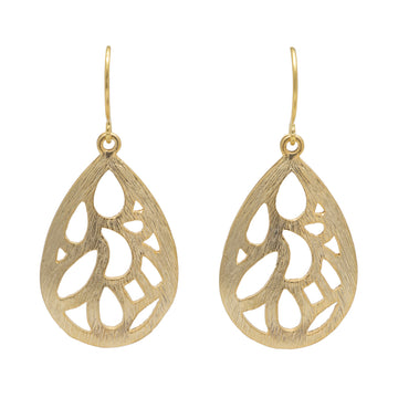 Teardrop shaped drop earrings in gold with a cut out design inside the teardrop.