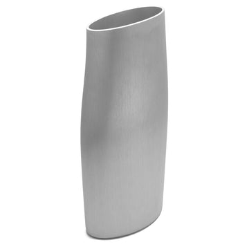 A tall silver vase with a curved side that tapers out and then back in.