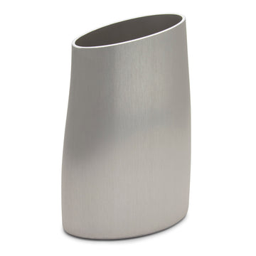 A silver oval shaped vase with a curved edge at the sides.