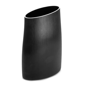 A black vase with a silver edge at the top and curved side.