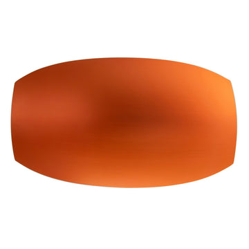 An orange coolamon tray in a rectangle shape with rounded sides.