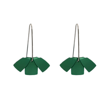A pair of drop earrings with three green rectangles at the bottom and the two end rectangles look like they've been flipped over.