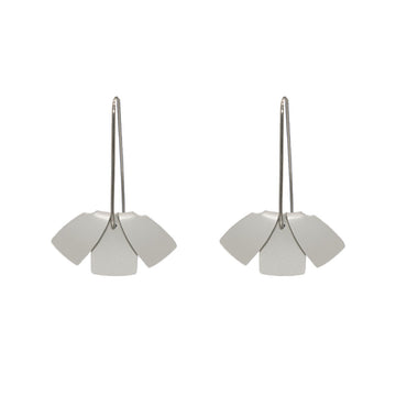A pair of drop earrings with three silver rectangles at the bottom and the two end rectangles look like they've been flipped over.