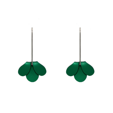 A pair of drop earrings made with three round sections, with the two end pieces flipped over to look like half a flower.