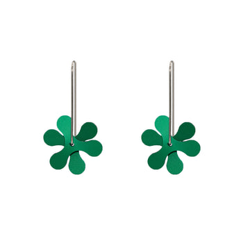 A pair of drop earrings made from two propeller shapes layered over the top of each other in green.