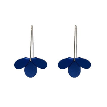 A pair of drop earrings made with three round sections, with the two end pieces flipped over to look like half a flower.