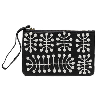 A black leather coin purse embroidered with white motifs and a black wrist strap.
