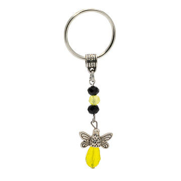 A keyring with black and yellow crystal beads and a silver bee charm on the bottom with a yellow crystal bead on the end.
