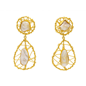 A pair of drop earrings made up of twisted gold wire in a circle and tear drop shape with a white stone in the middle of each shape.