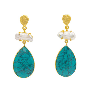 A pair of drop earrings with a gold top, a white stone in the middle and a teal blue stone in a tear drop shape at the bottom.