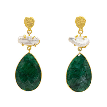 A pair of drop earrings with a gold top, white stone in the middle and a green emerald in the shape of a tear drop at the bottom.