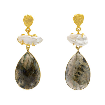 A pair of drop earrings with a gold top and white stone in the middle with a labradorite tear drop shape at the bottom.