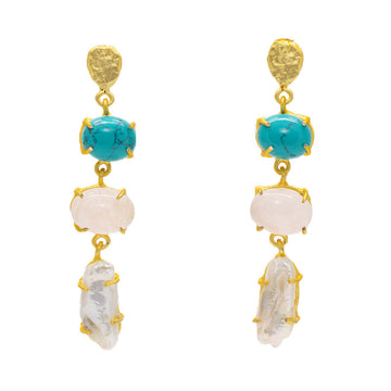 A pair of drop earrings made up of a gold top, turquoise and two clear stones.