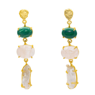 A pair of drop earrings with a gold top and a green stone followed by two clear ones linked together.